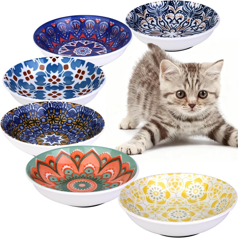 HAPPY KIT Ceramic Cat Food Bowls,6 Pack Colorful Cat Bowls Set,Anti-Slip Cats Dishes,Whisker Friendly Wide Pet Bowls for Indoor,5.75 inch Cute Kitten Plates for Wet and Dry Food Water - Image 1